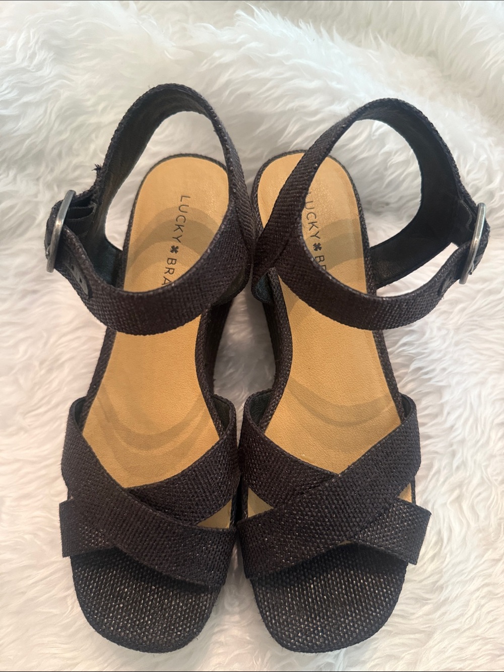 Lucky Brand Black Crisscross Wedge Sandals